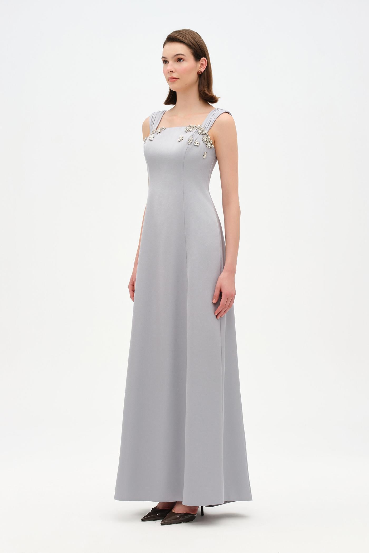 Long Evening Dress with Stone Embellishment and Square Neck - 26103C