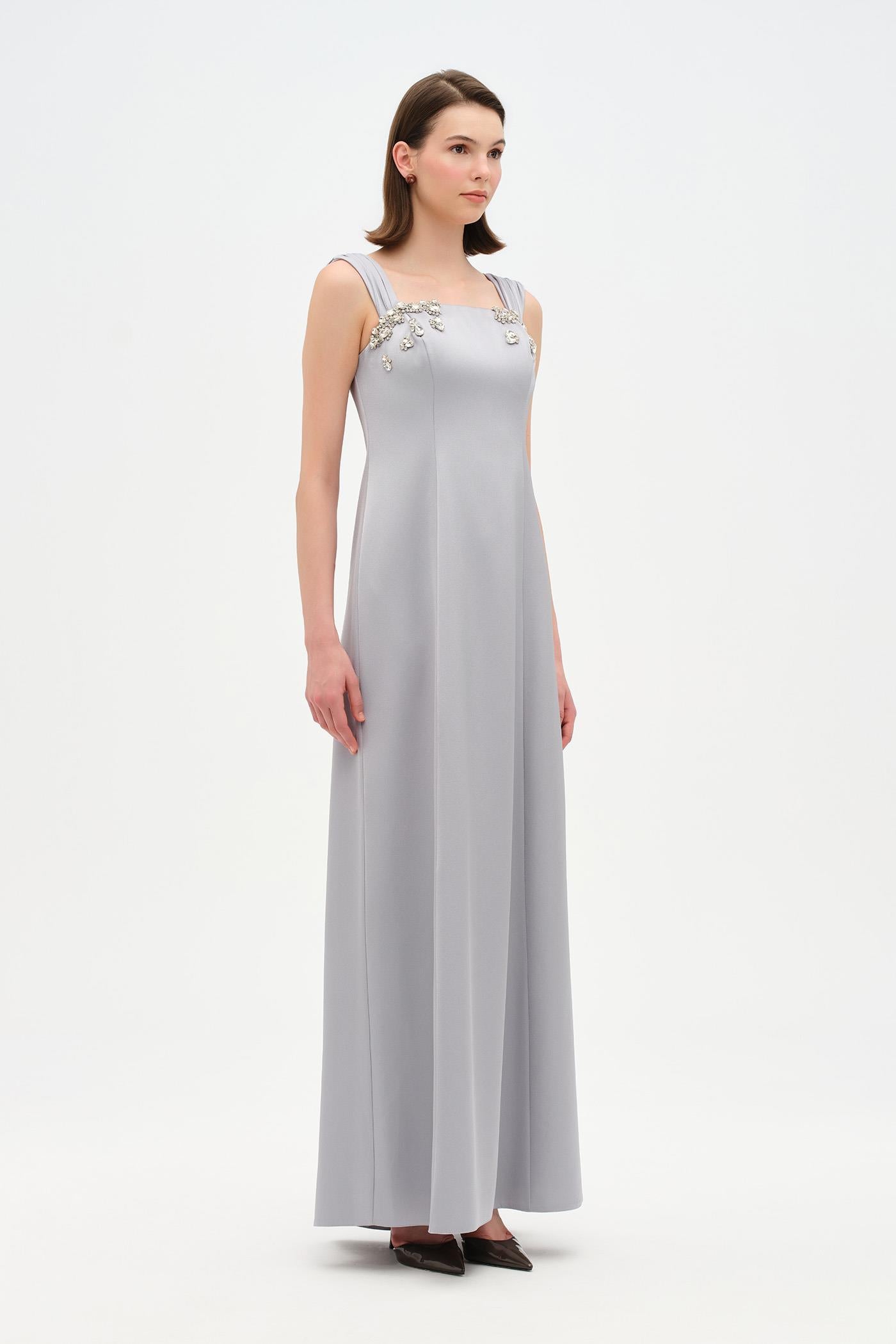 Long Evening Dress with Stone Embellishment and Square Neck - 26103C