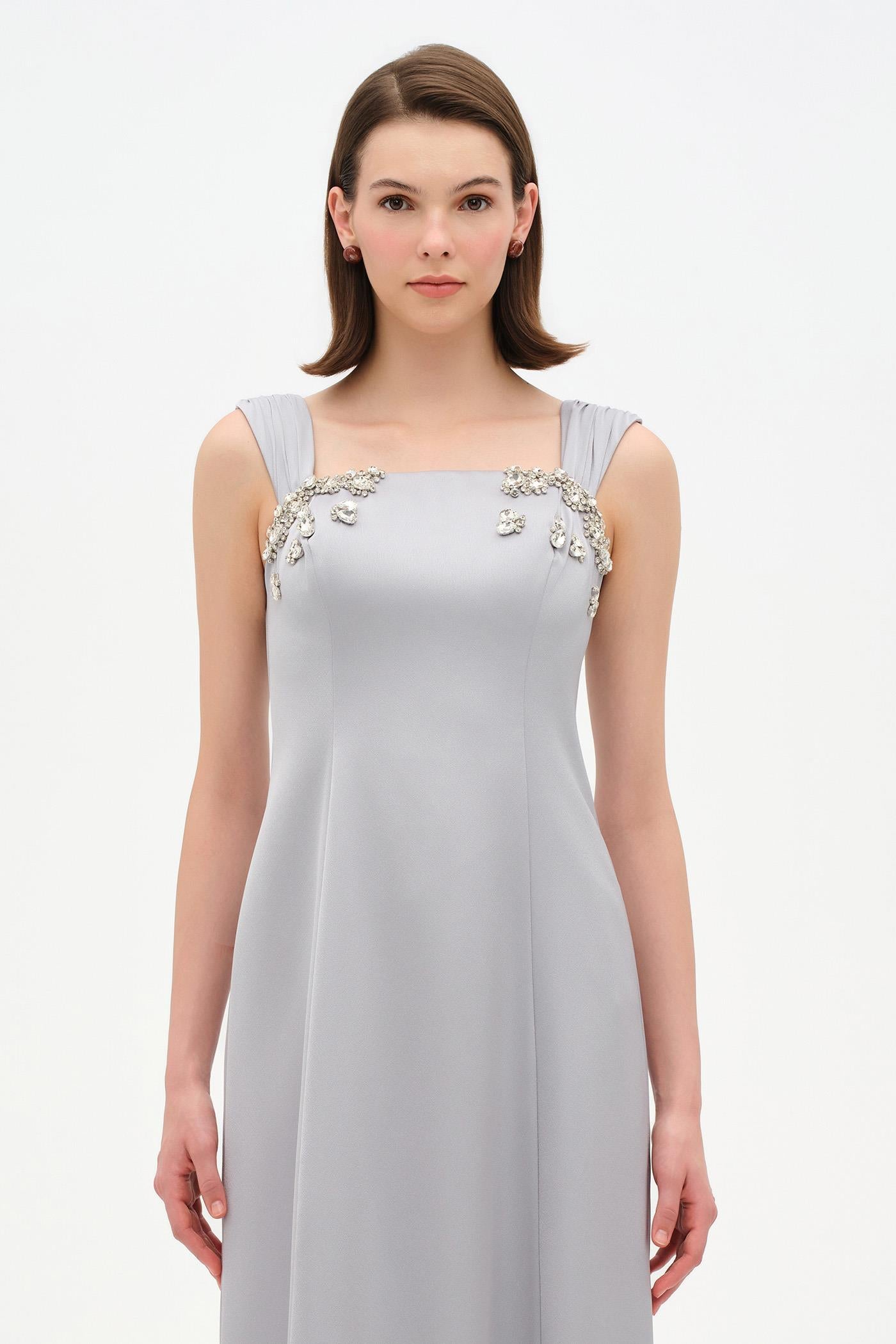 Long Evening Dress with Stone Embellishment and Square Neck - 26103C