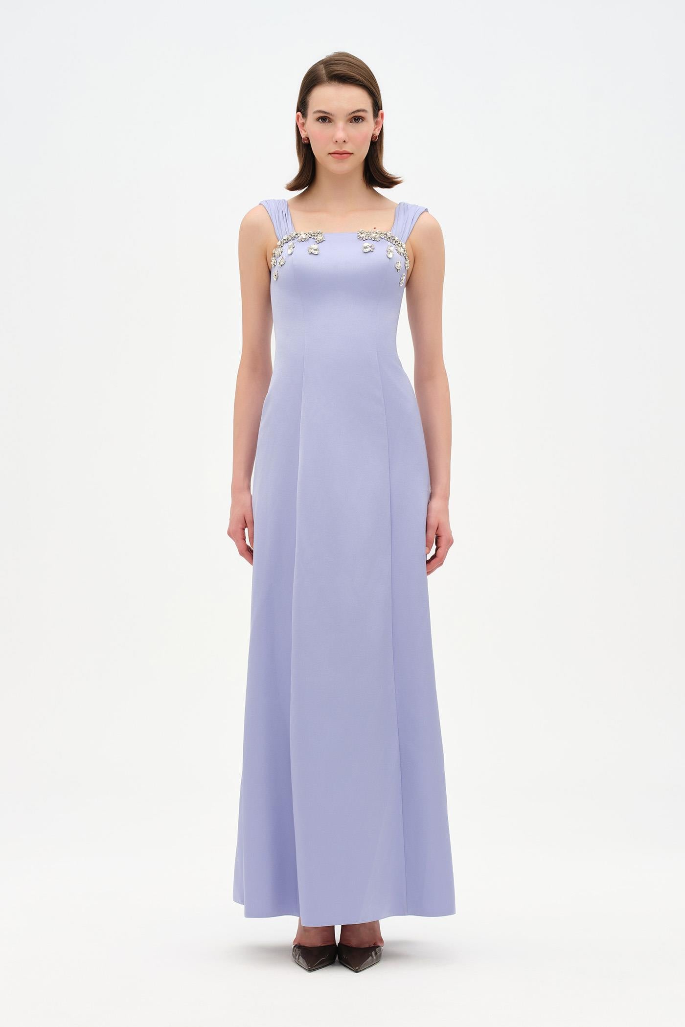 Long Evening Dress with Stone Embellishment and Square Neck - 26103C