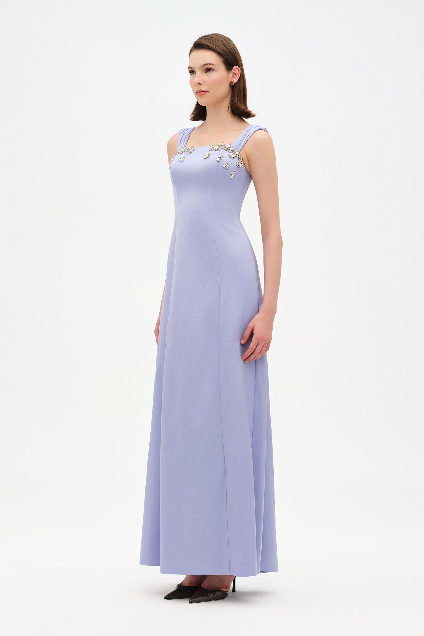 Long Evening Dress with Stone Embellishment and Square Neck - 26103C