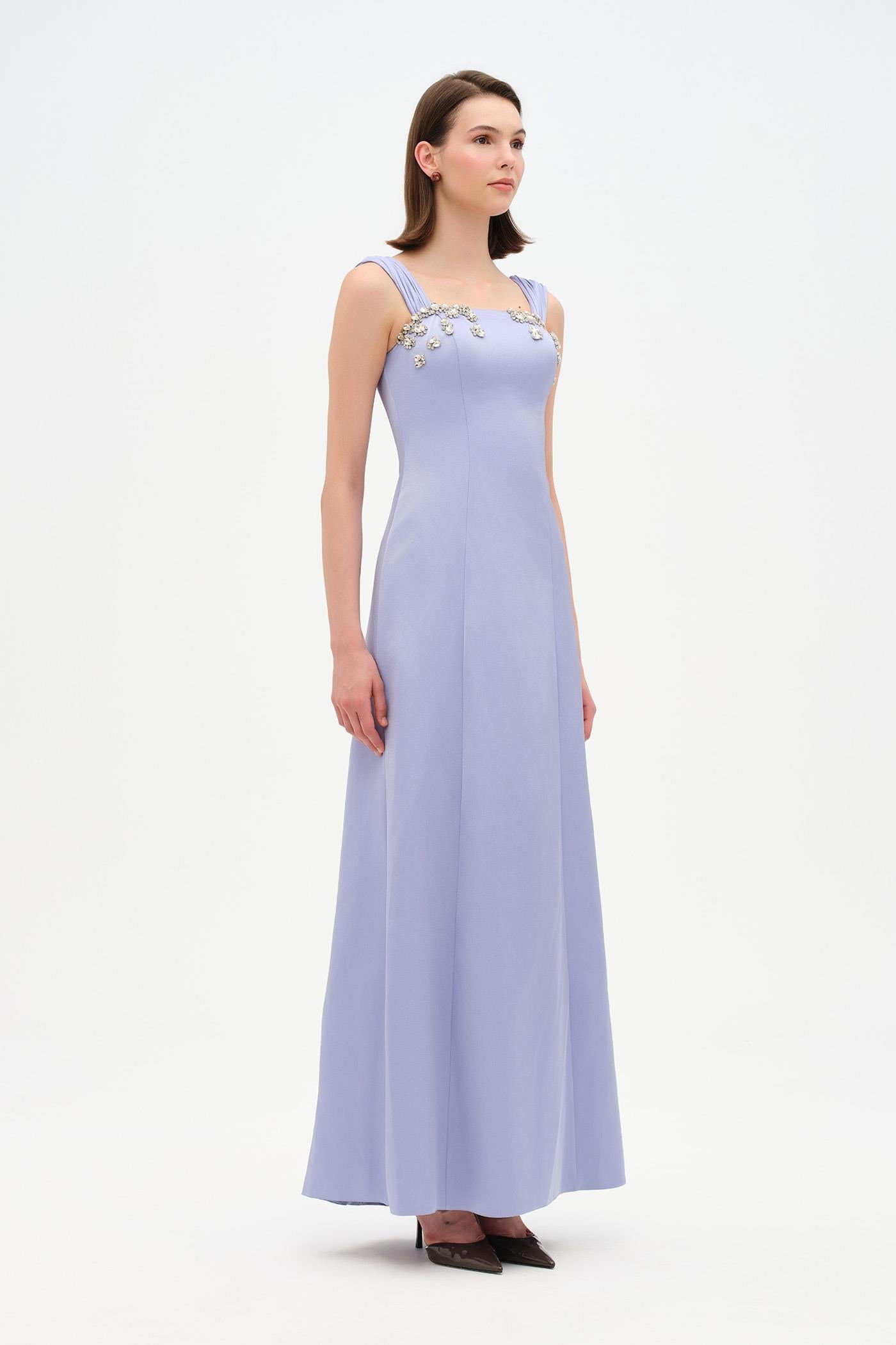 Long Evening Dress with Stone Embellishment and Square Neck - 26103C