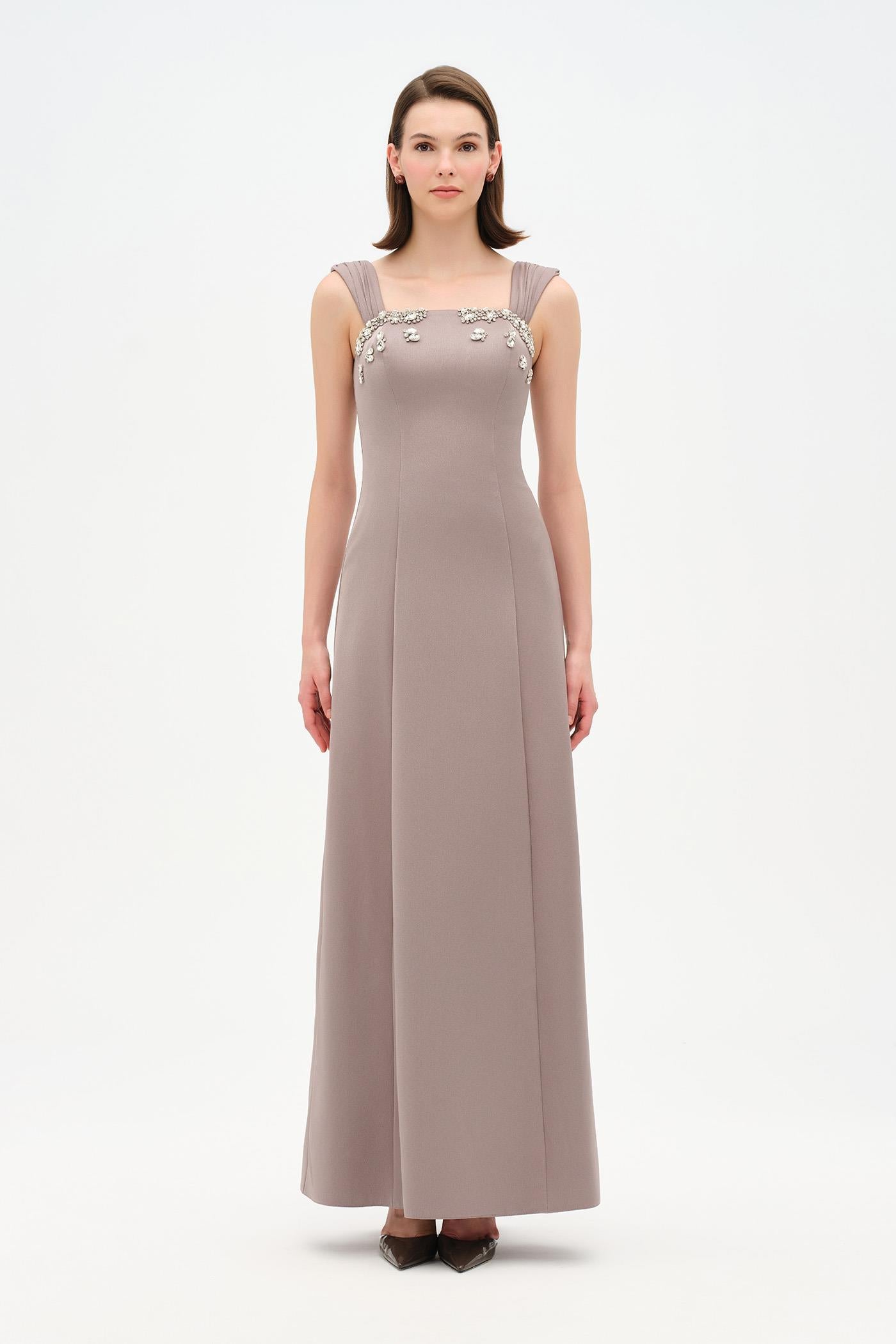Long Evening Dress with Stone Embellishment and Square Neck - 26103C
