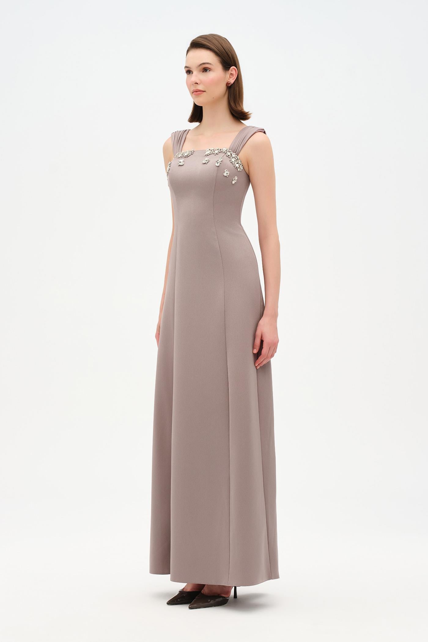 Long Evening Dress with Stone Embellishment and Square Neck - 26103C