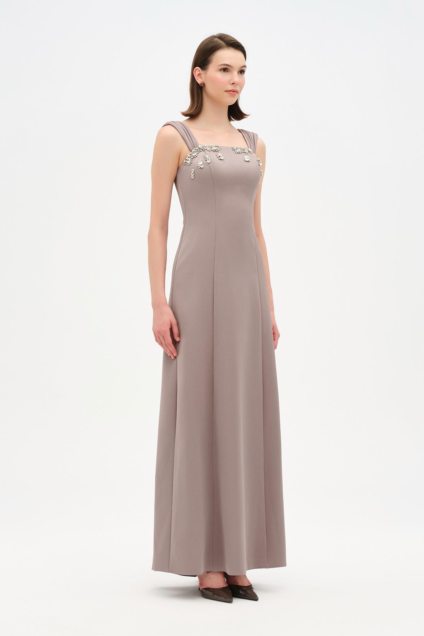 Long Evening Dress with Stone Embellishment and Square Neck - 26103C