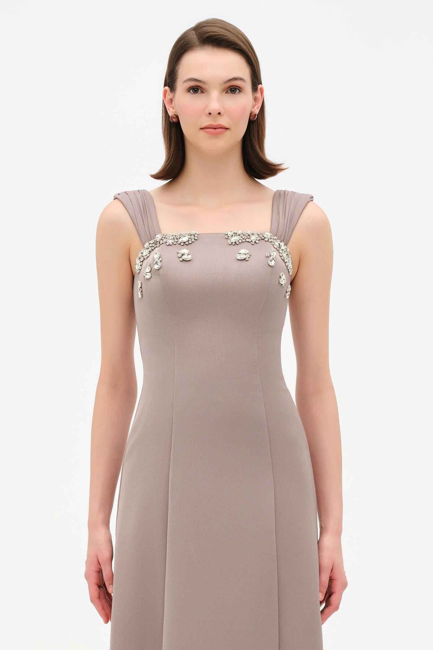 Long Evening Dress with Stone Embellishment and Square Neck - 26103C