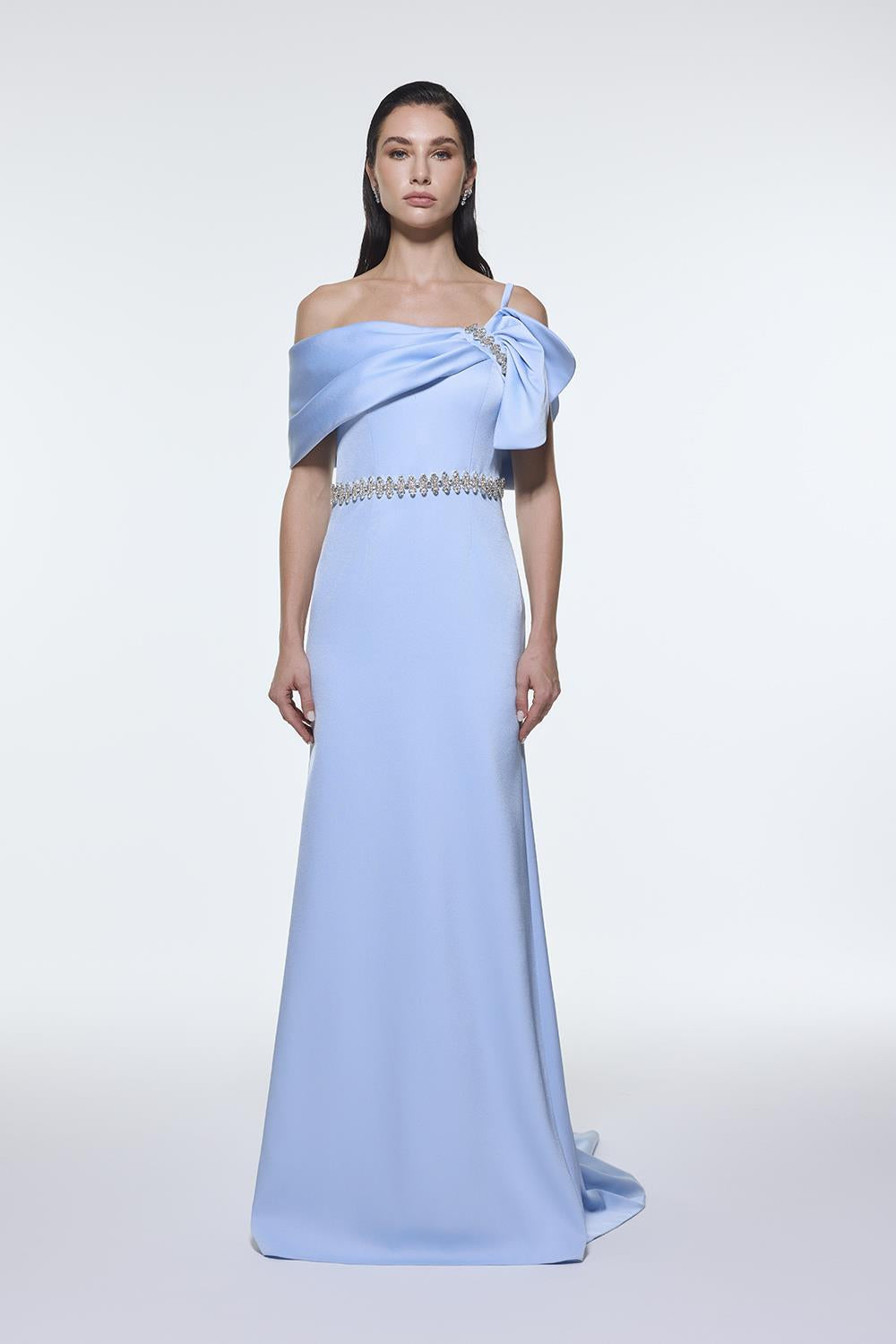 Long Evening Dress with Stone Embroidered Belt Detail - 9294C
