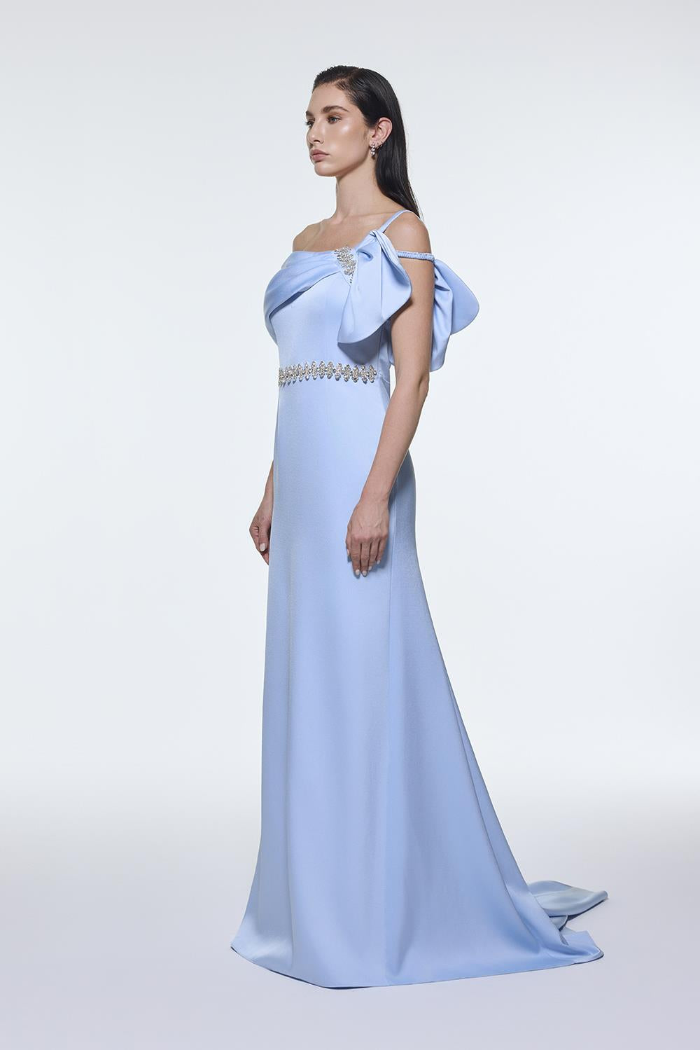 Long Evening Dress with Stone Embroidered Belt Detail - 9294C