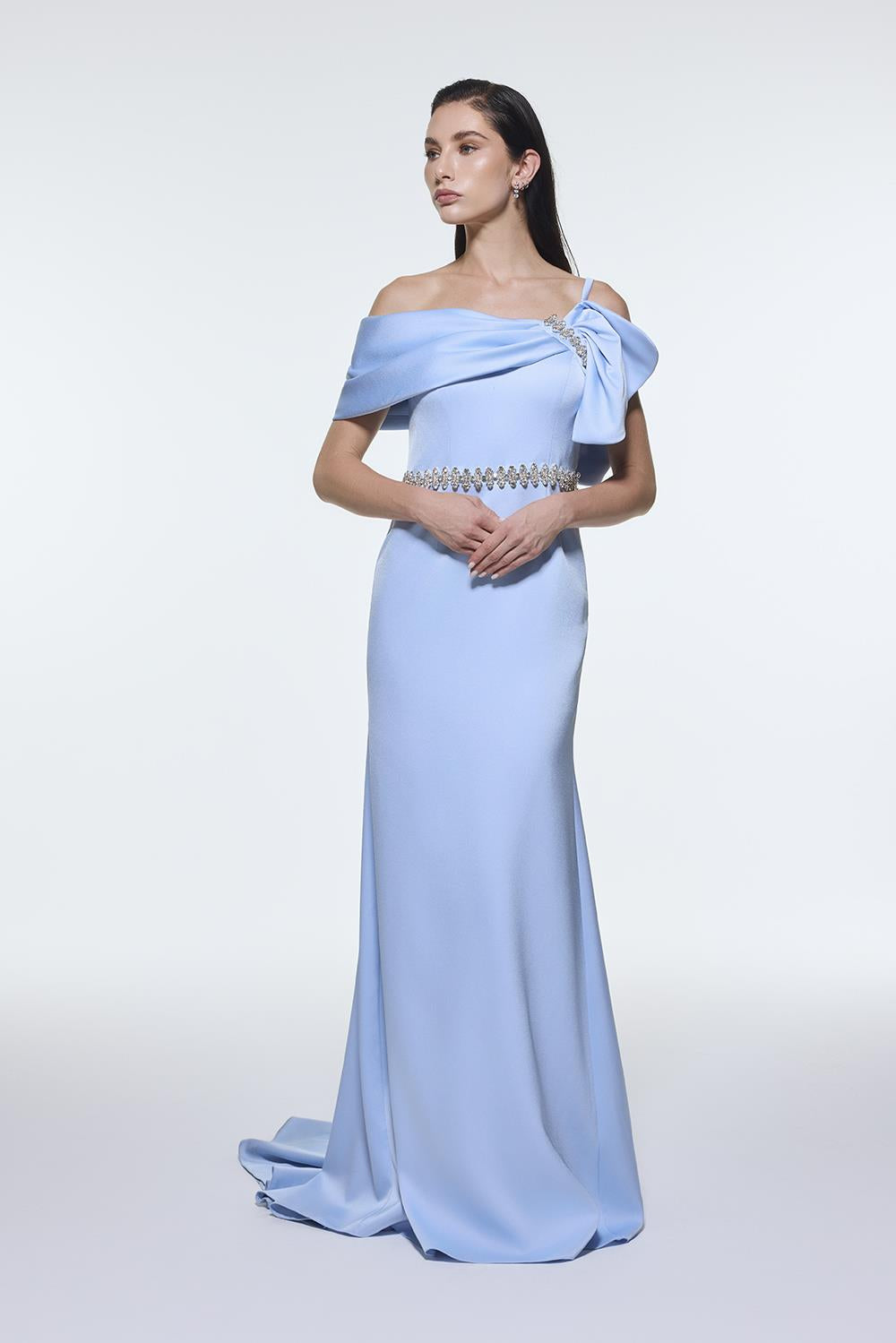 Long Evening Dress with Stone Embroidered Belt Detail - 9294C