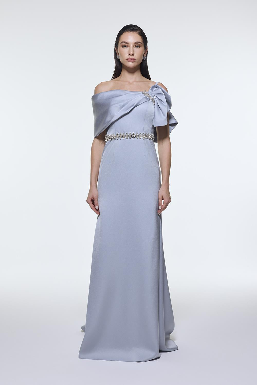 Long Evening Dress with Stone Embroidered Belt Detail - 9294C
