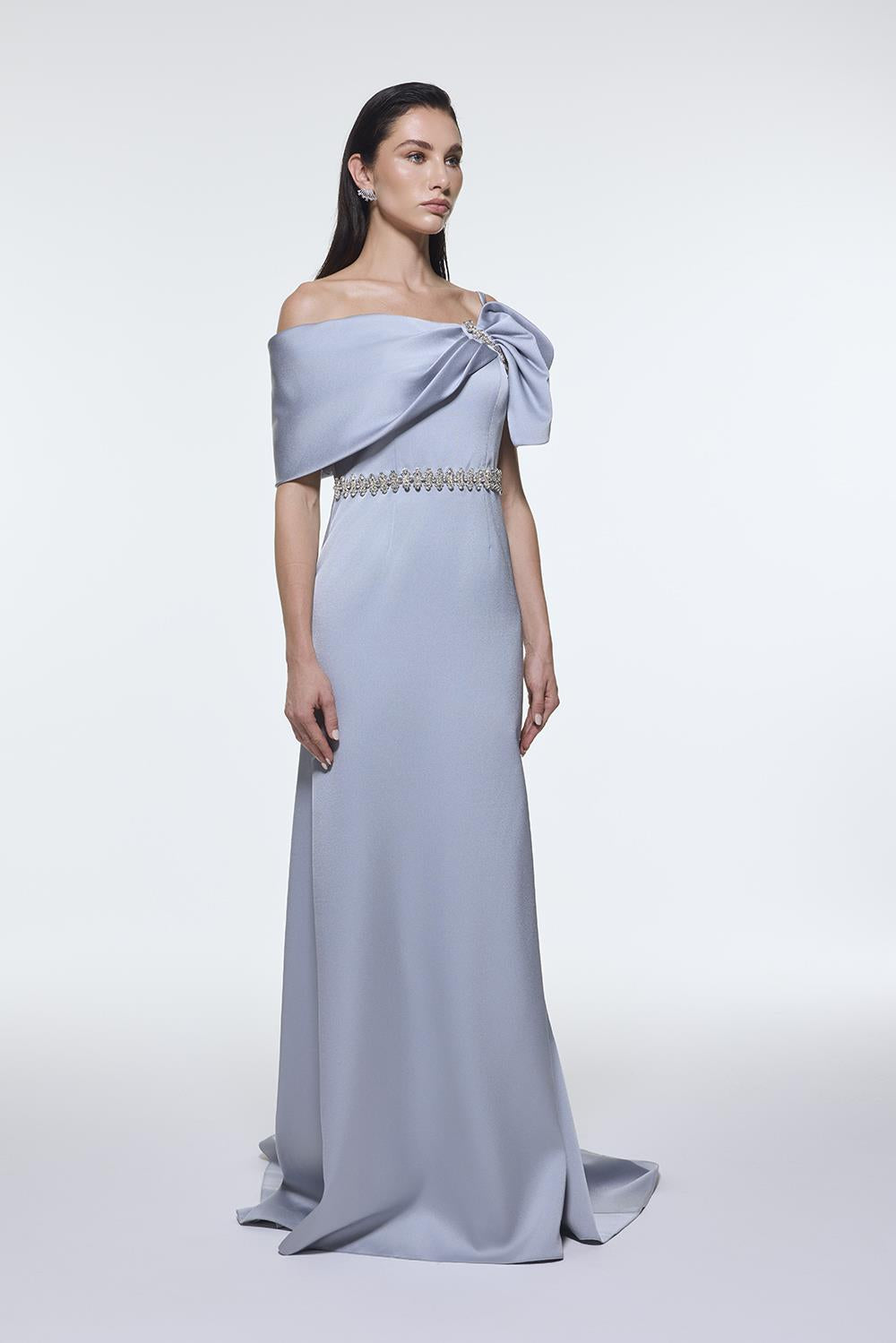 Long Evening Dress with Stone Embroidered Belt Detail - 9294C