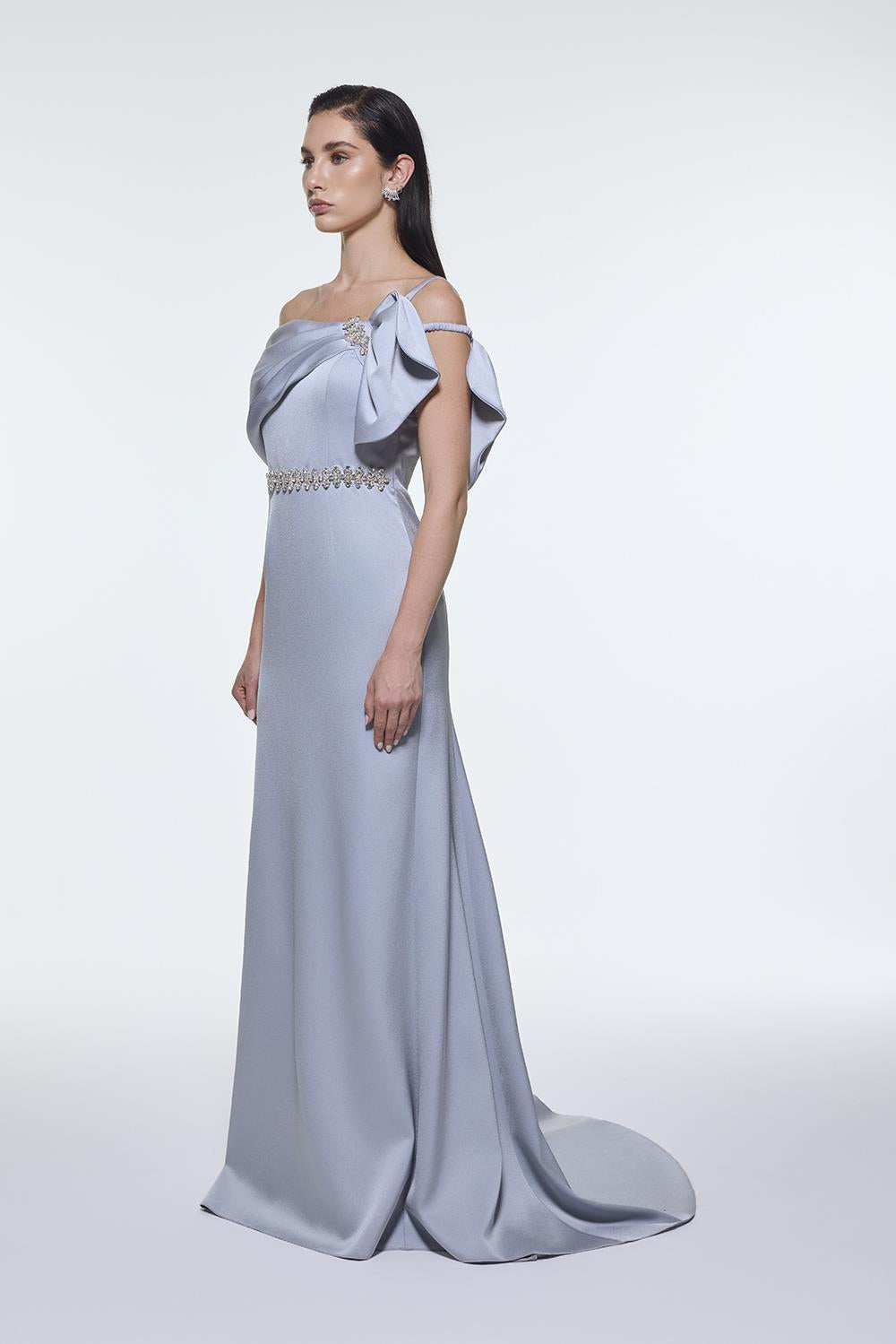 Long Evening Dress with Stone Embroidered Belt Detail - 9294C