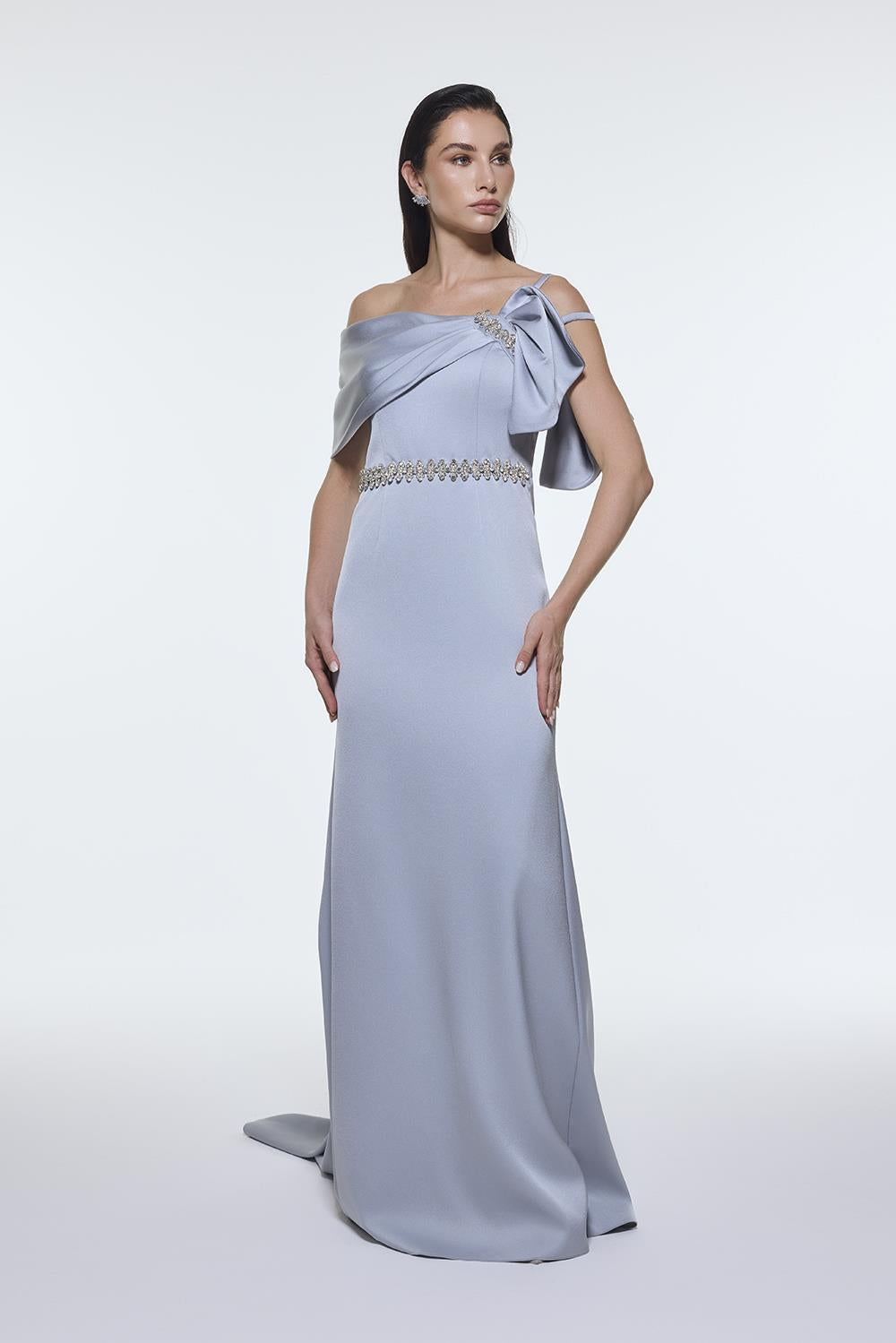 Long Evening Dress with Stone Embroidered Belt Detail - 9294C