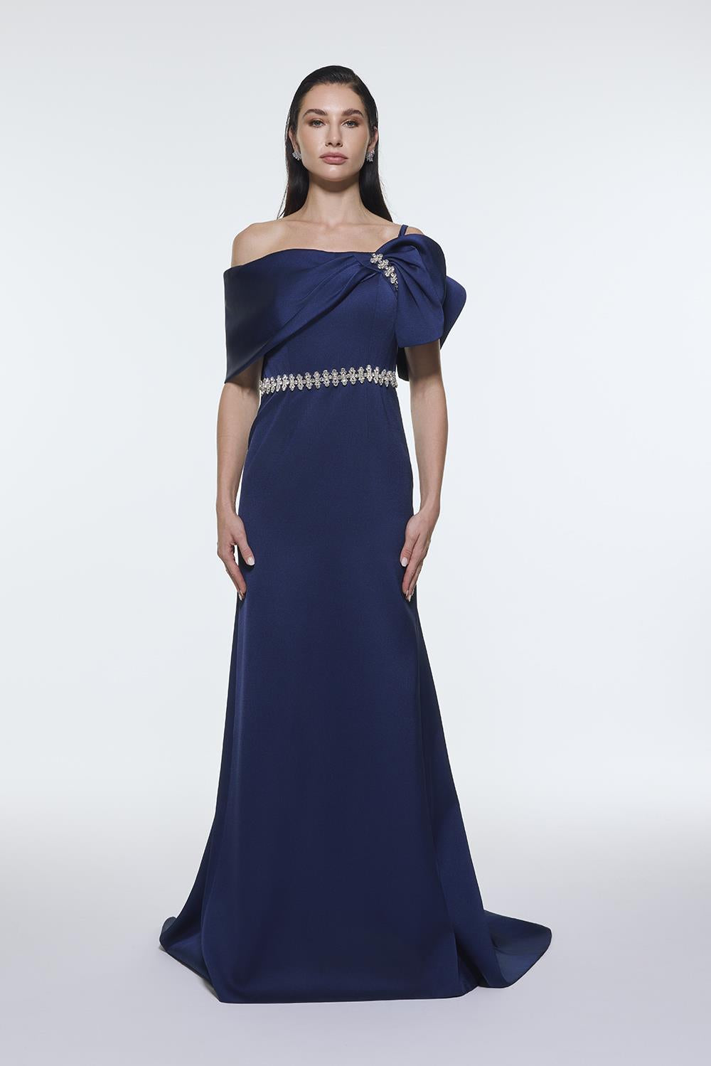 Long Evening Dress with Stone Embroidered Belt Detail - 9294C