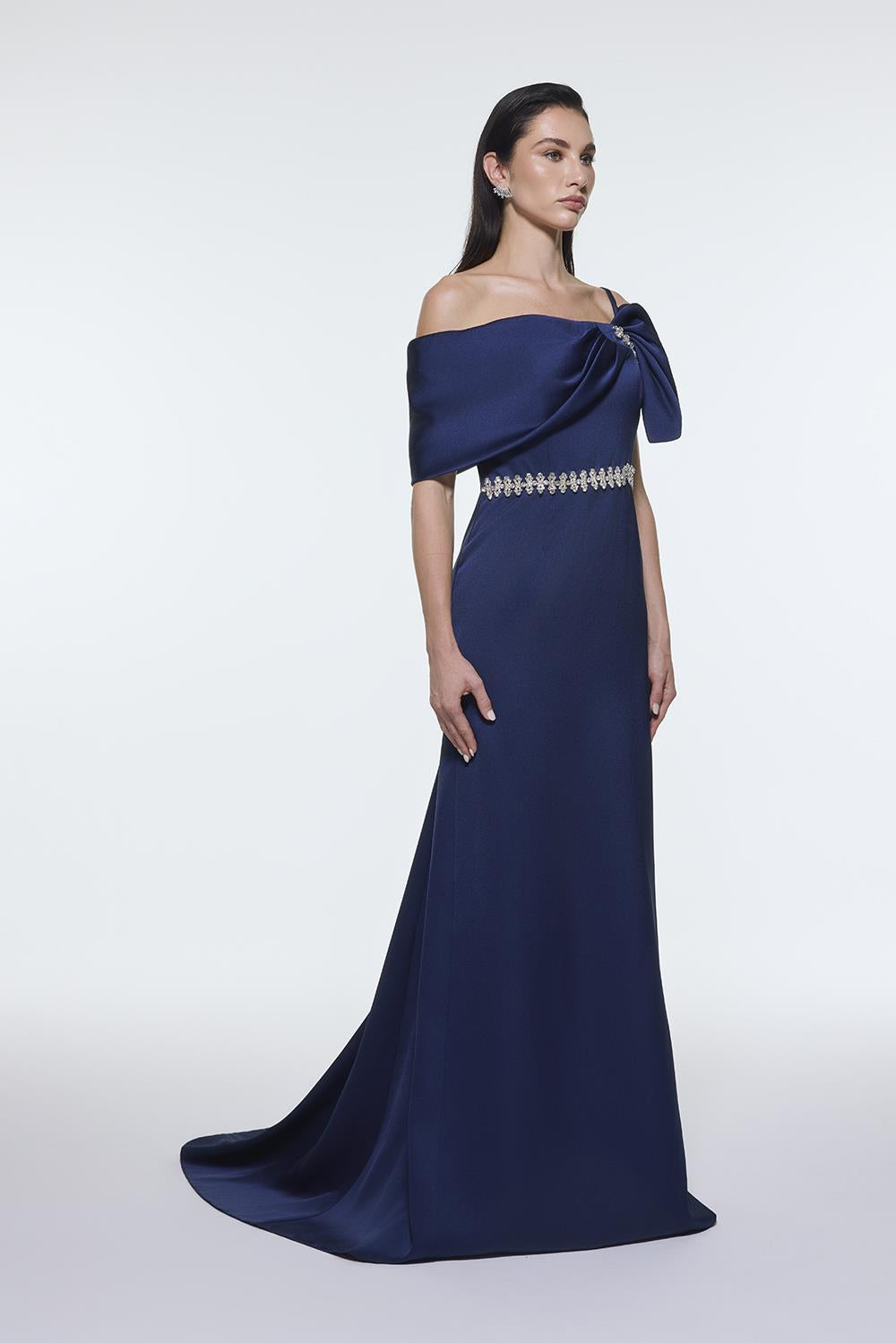 Long Evening Dress with Stone Embroidered Belt Detail - 9294C