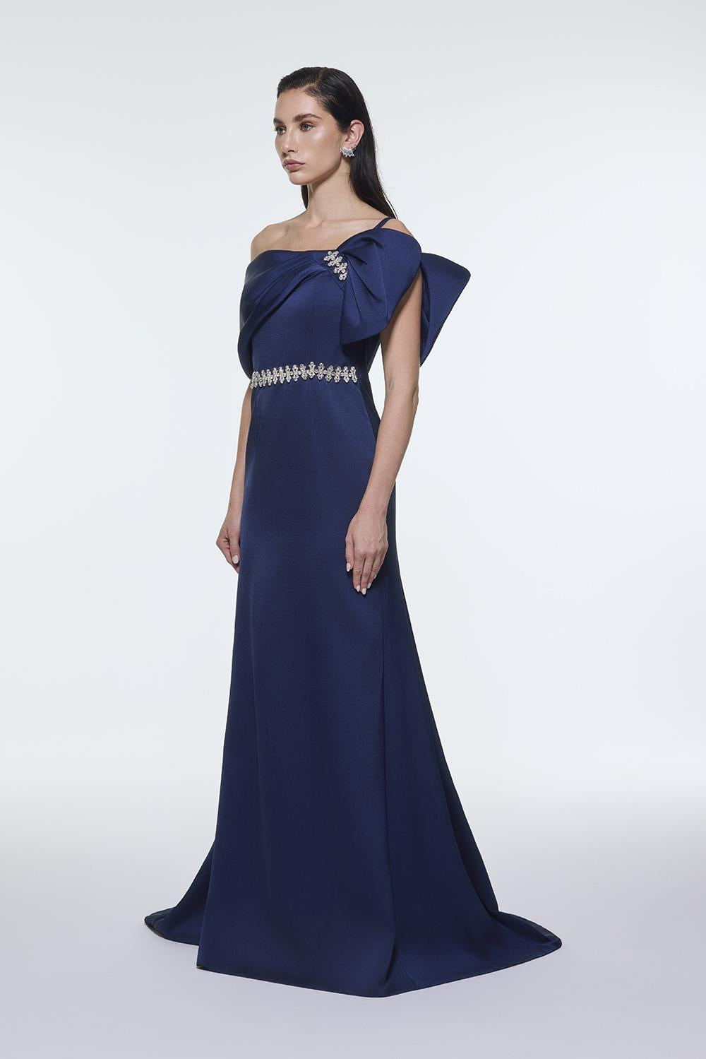 Long Evening Dress with Stone Embroidered Belt Detail - 9294C