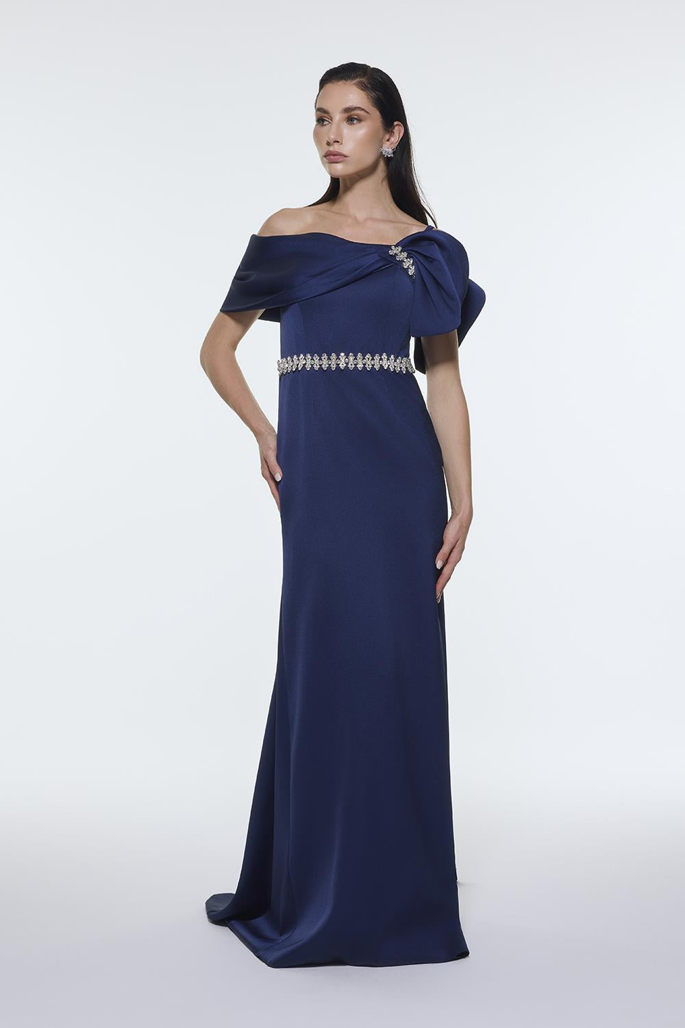 Long Evening Dress with Stone Embroidered Belt Detail - 9294C