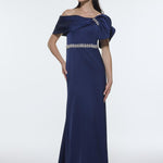 Long Evening Dress with Stone Embroidered Belt Detail - 9294C