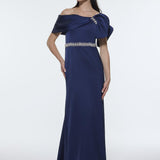 Long Evening Dress with Stone Embroidered Belt Detail - 9294C