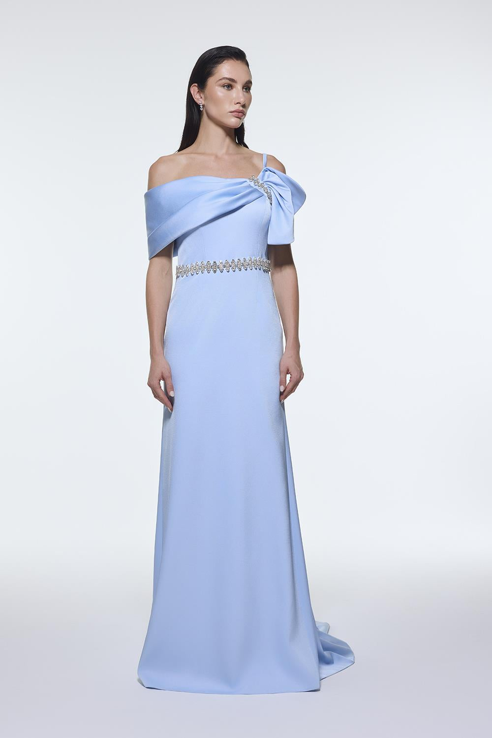 Long Evening Dress with Stone Embroidered Belt Detail - 9294C