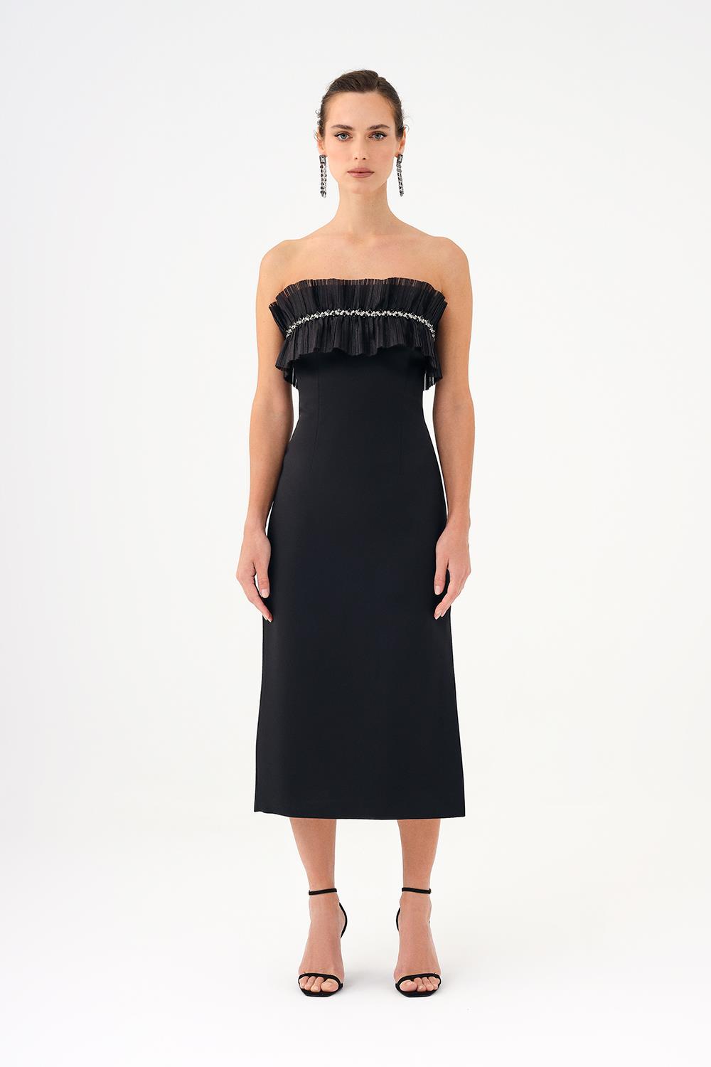 Stone Embroidered Strapless Collar Satin Midi Evening Dress - 9103C