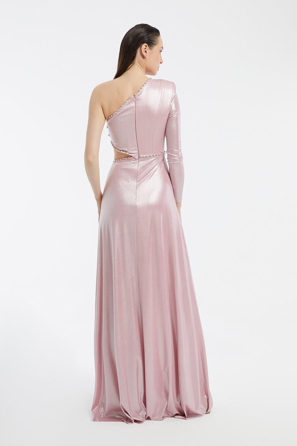 Rhinestone Embroidered Single Sleeve Long Evening Dress - 3025C