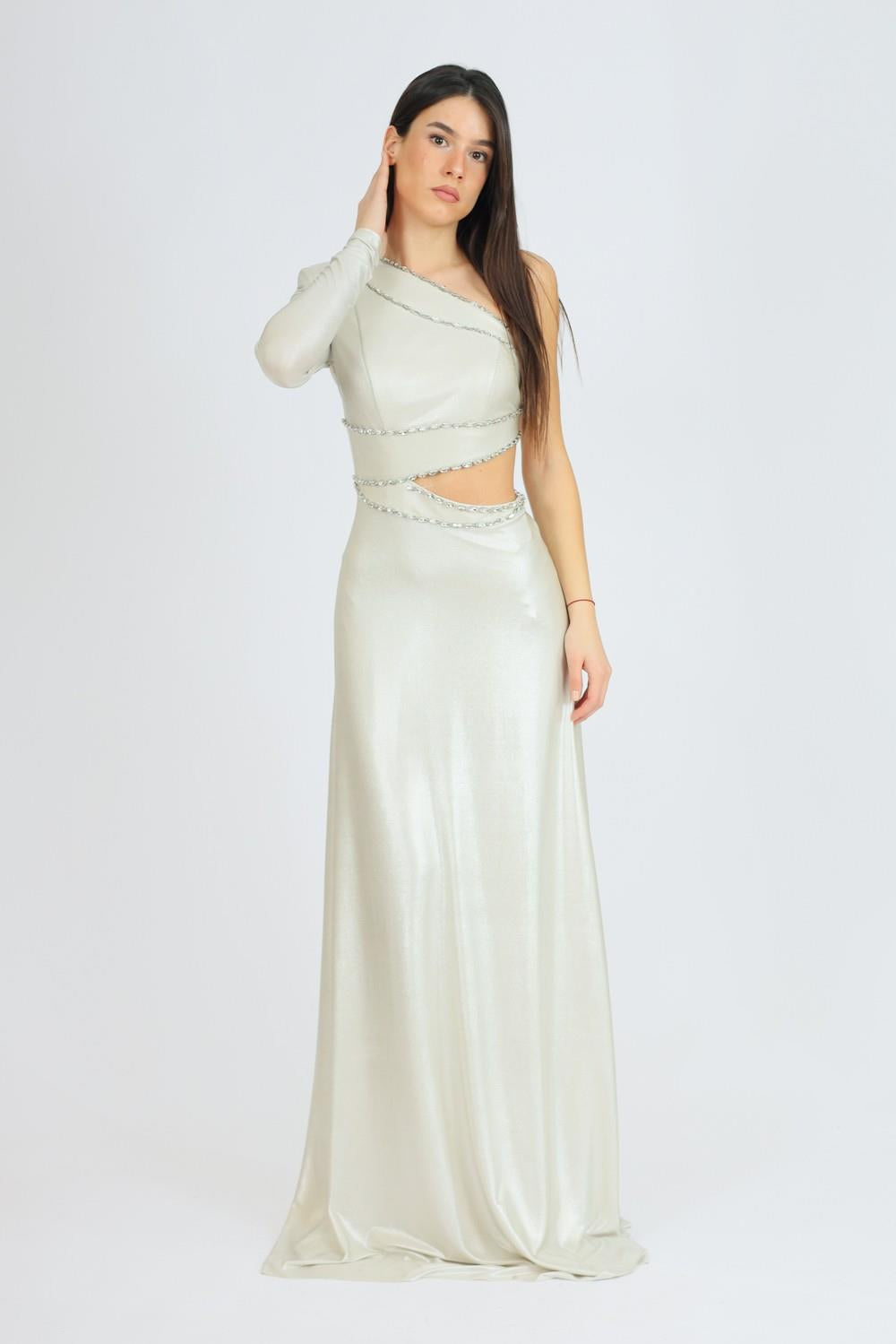 Rhinestone Embroidered Single Sleeve Long Evening Dress - 3025C