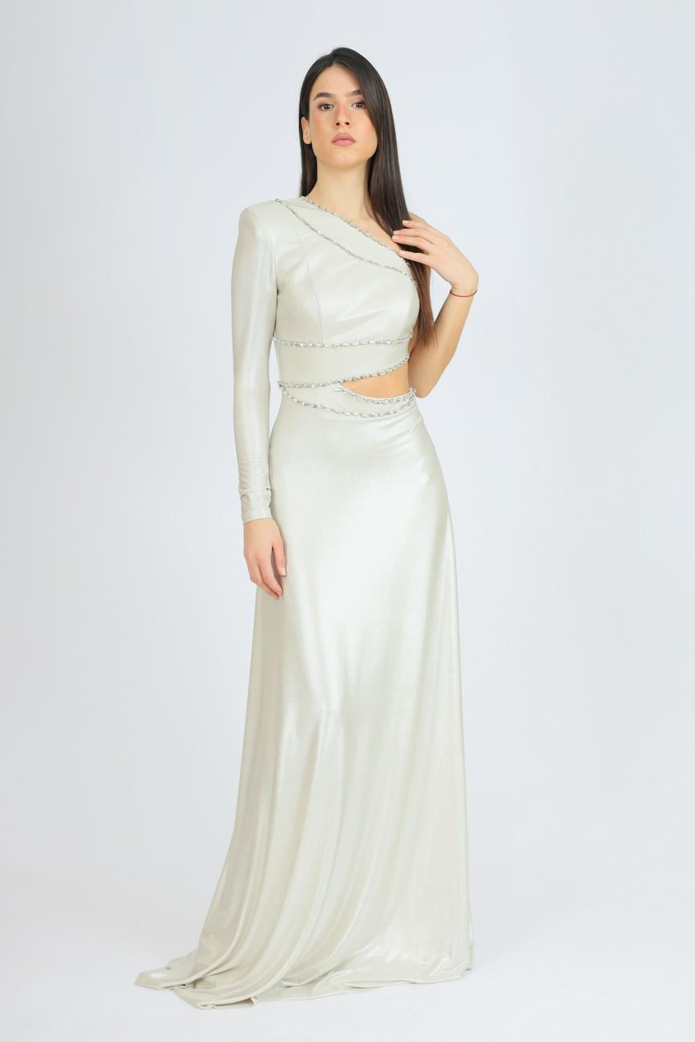 Rhinestone Embroidered Single Sleeve Long Evening Dress - 3025C