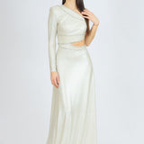 Rhinestone Embroidered Single Sleeve Long Evening Dress - 3025C