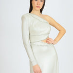 Rhinestone Embroidered Single Sleeve Long Evening Dress - 3025C
