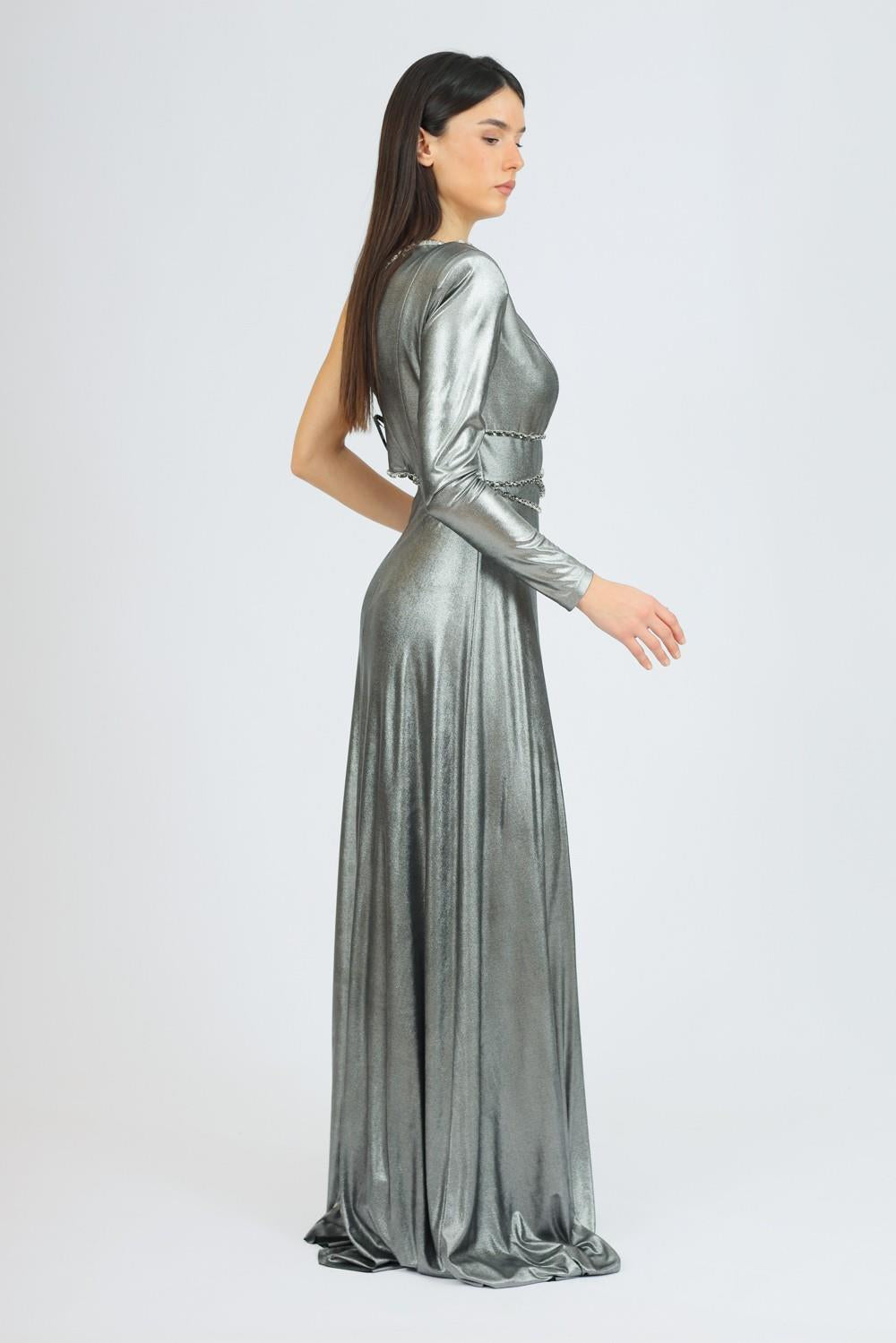 Rhinestone Embroidered Single Sleeve Long Evening Dress - 3025C