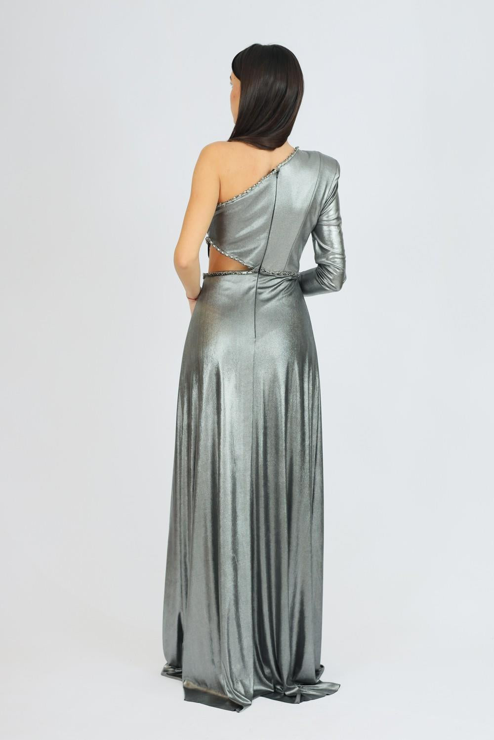 Rhinestone Embroidered Single Sleeve Long Evening Dress - 3025C