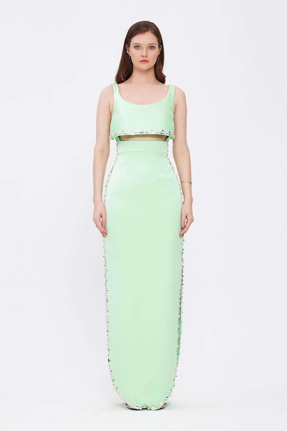 Stone Embroidered Straped Slit Long Evening Dress - 2006C - MINT