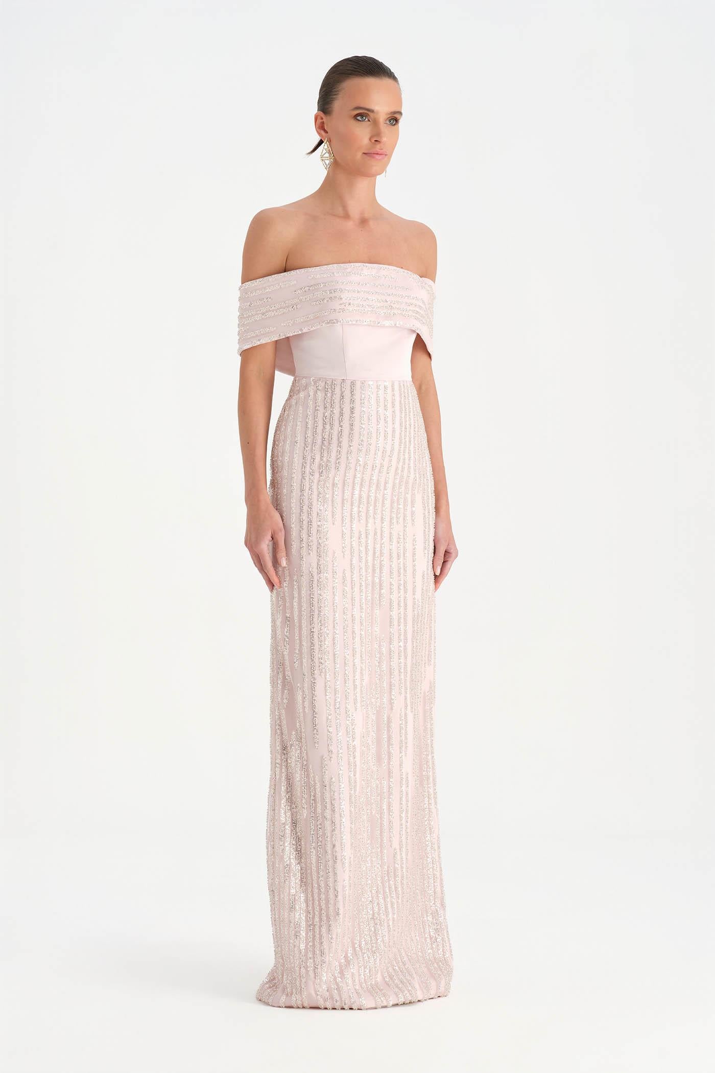 Taş İşlemeli Düşük Omuzlu Straplez Abiye Elbise - 26055C