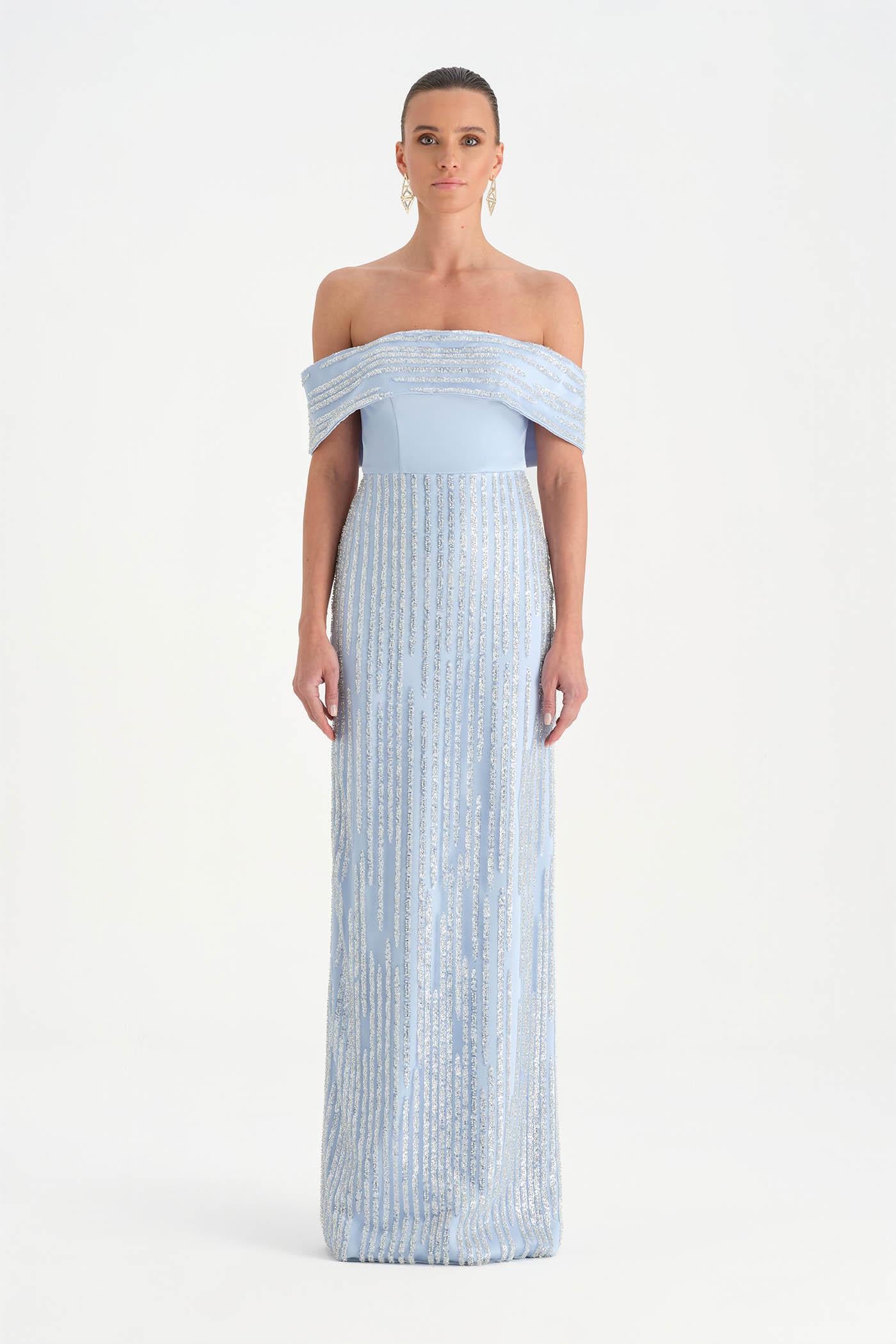 Stone Embroidered Low Shoulder Strapless Evening Dress - 26055C