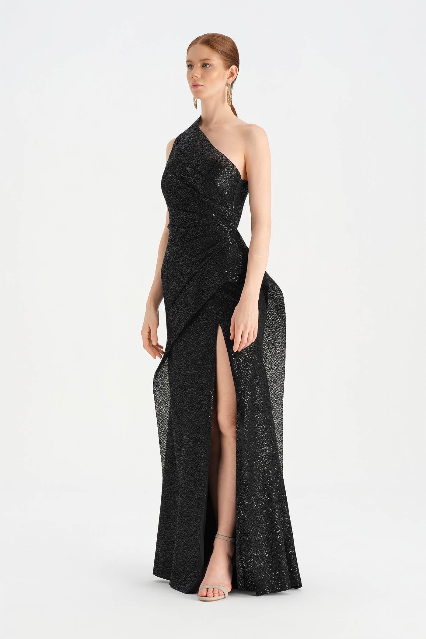 Tek Omuzlu Yanı Drapeli Abiye Elbise - 26003C - SİYAH