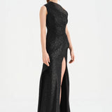 Tek Omuzlu Yanı Drapeli Abiye Elbise - 26003C - SİYAH