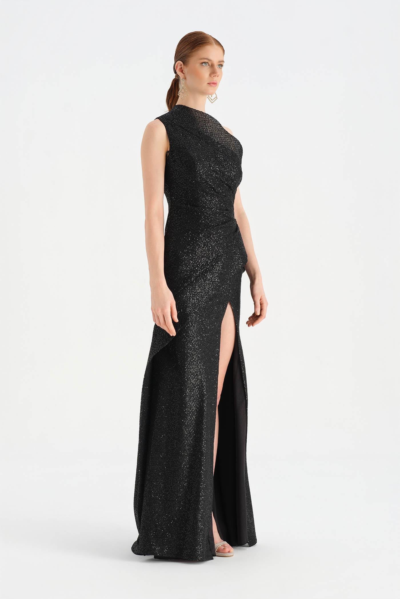 Tek Omuzlu Yanı Drapeli Abiye Elbise - 26003C - SİYAH