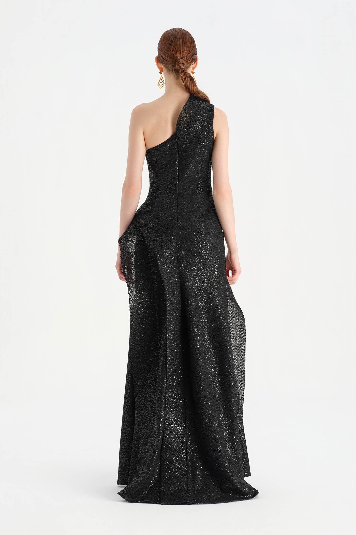 Tek Omuzlu Yanı Drapeli Abiye Elbise - 26003C - SİYAH