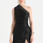 Tek Omuzlu Yanı Drapeli Abiye Elbise - 26003C - SİYAH