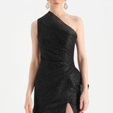 Tek Omuzlu Yanı Drapeli Abiye Elbise - 26003C - SİYAH