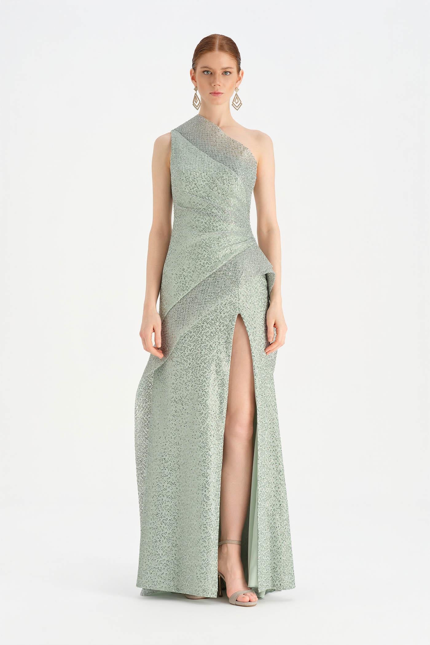 Tek Omuzlu Yanı Drapeli Abiye Elbise - 26003C - MİNT