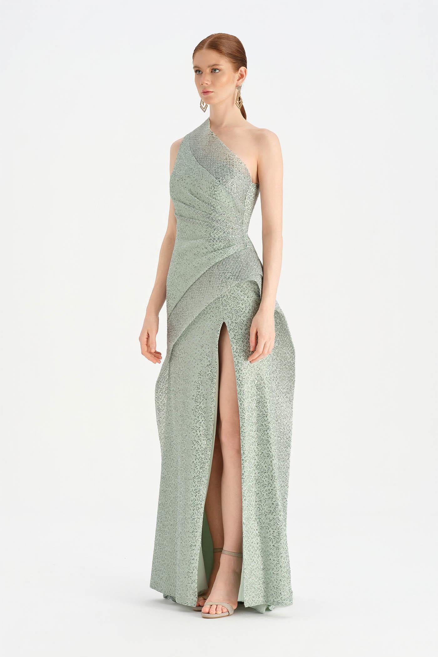 Tek Omuzlu Yanı Drapeli Abiye Elbise - 26003C - MİNT