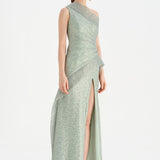 Tek Omuzlu Yanı Drapeli Abiye Elbise - 26003C - MİNT