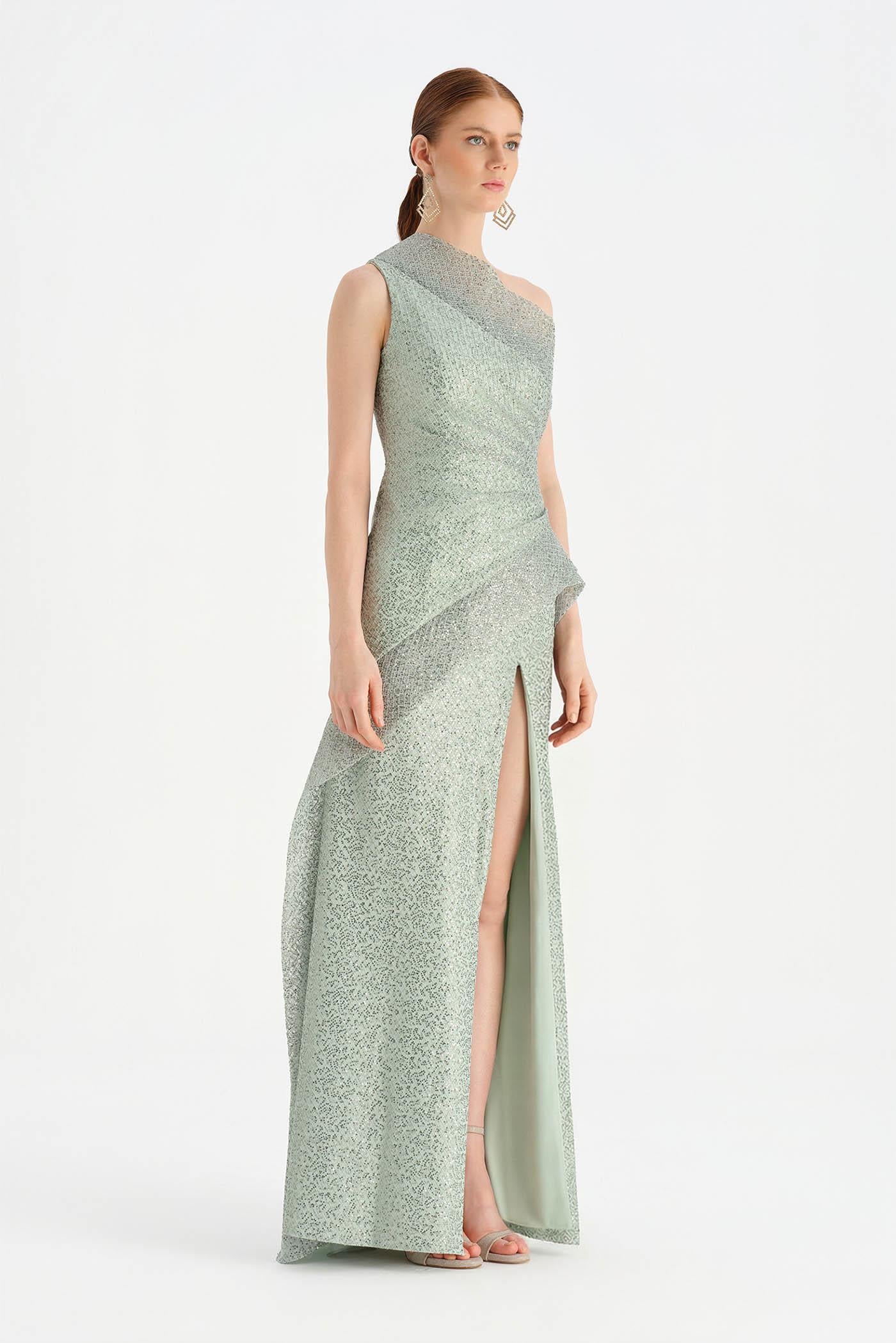 Tek Omuzlu Yanı Drapeli Abiye Elbise - 26003C - MİNT