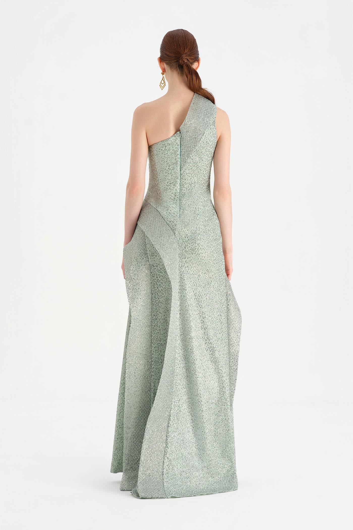 Tek Omuzlu Yanı Drapeli Abiye Elbise - 26003C - MİNT