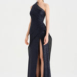 Tek Omuzlu Yanı Drapeli Abiye Elbise - 26003C - LACİVERT