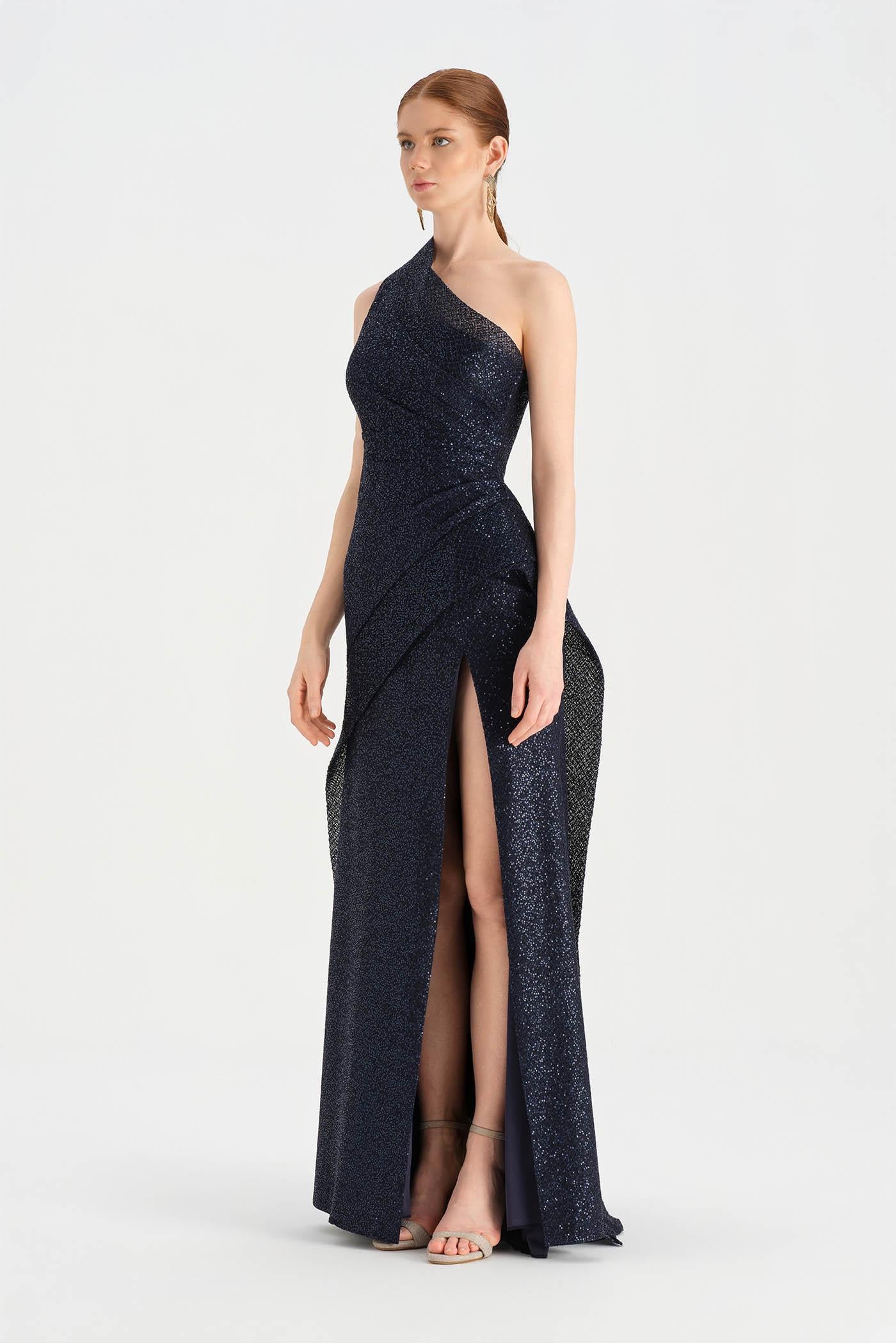 Tek Omuzlu Yanı Drapeli Abiye Elbise - 26003C - LACİVERT