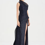 Tek Omuzlu Yanı Drapeli Abiye Elbise - 26003C - LACİVERT