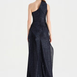 Tek Omuzlu Yanı Drapeli Abiye Elbise - 26003C - LACİVERT